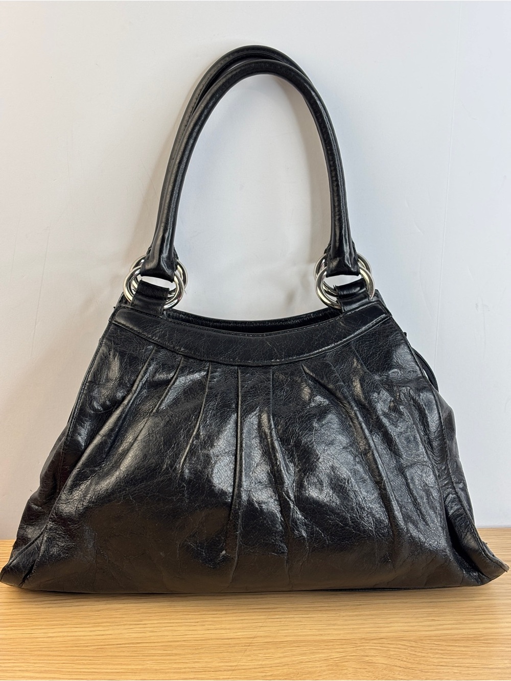 Vintage Hobo International Black Leather Double Strap O-Ring Shoulder Bag